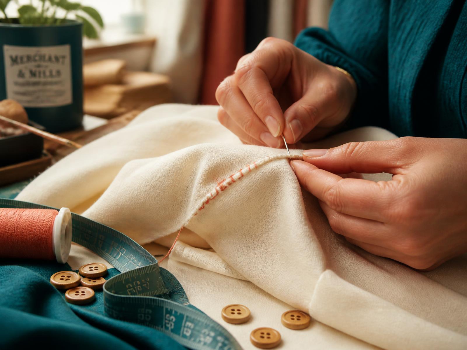 Close-up of hands neatly stitching a seam repair with coral thread